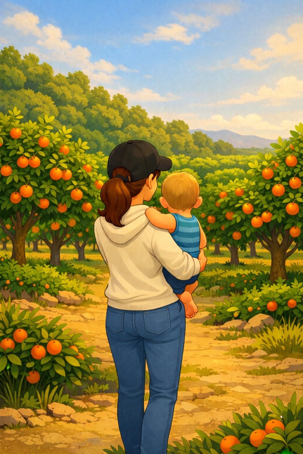 Familia paseando por el naranjal